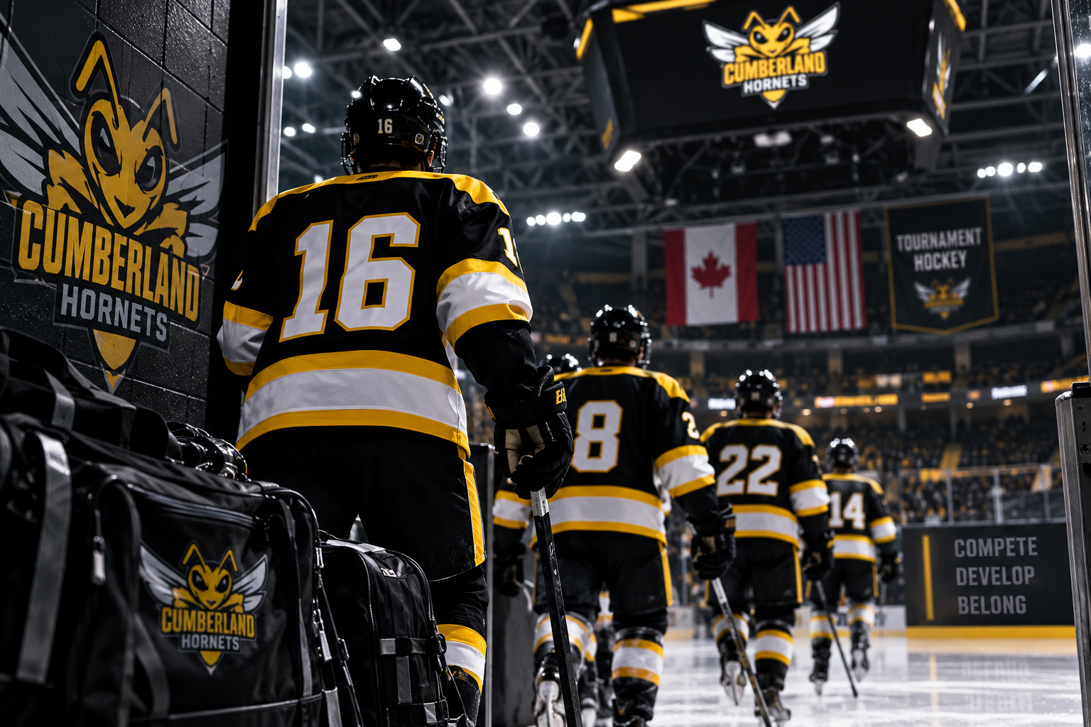 Cumberland Hornets players heading onto the ice for a tournament
